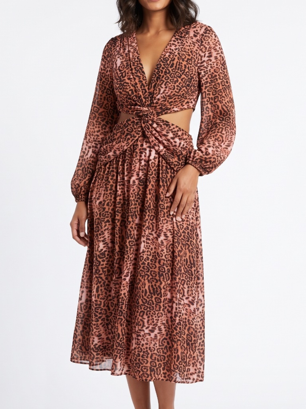 Anthropologie Ranna Gill Leopard Print Twist Front Cutout Midi Dress Long Sleeve